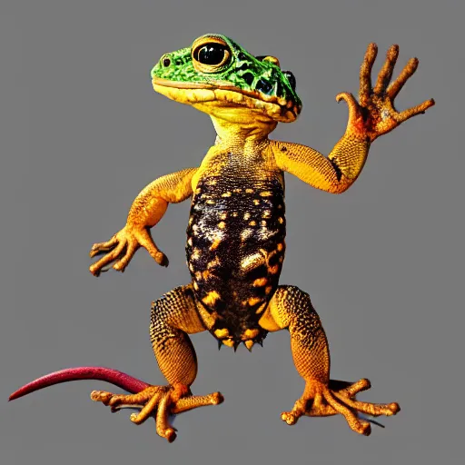 Prompt: three animals, toad with wings front view, Across holding a hand, rainbow reptile front view, Across holding a hand, golden lizard front view, trio, artstation, concept art, master illustration, details, good clear quality, fun - w 704