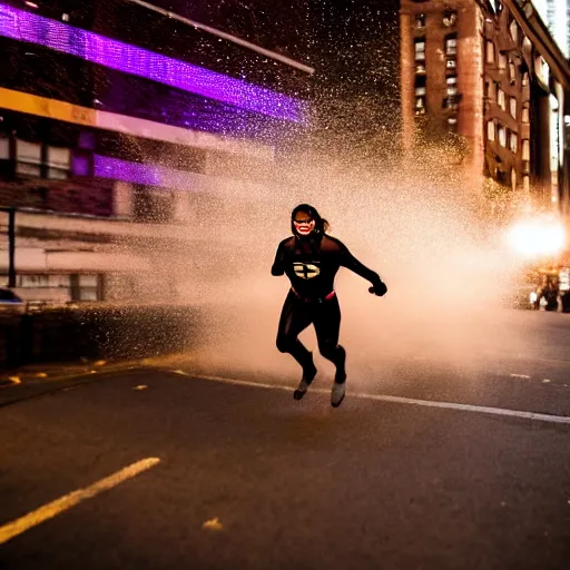 Prompt: Long shot of a 20 years old wampanoag man in a black super hero costume running in the streets of Boston, leaving behind him a trail of dust and sparkles, very high quality photography