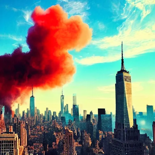 Prompt: dystopian, destroyed new york city, real, blue sky, smoke, red clouds, detailed, award winning, masterpiece, photograph, cinematic