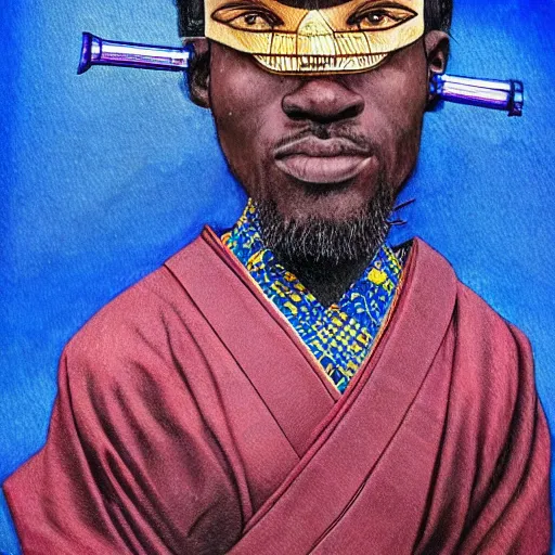 Prompt: oscar ukonu, beautiful samurai made with blue african ball point pen