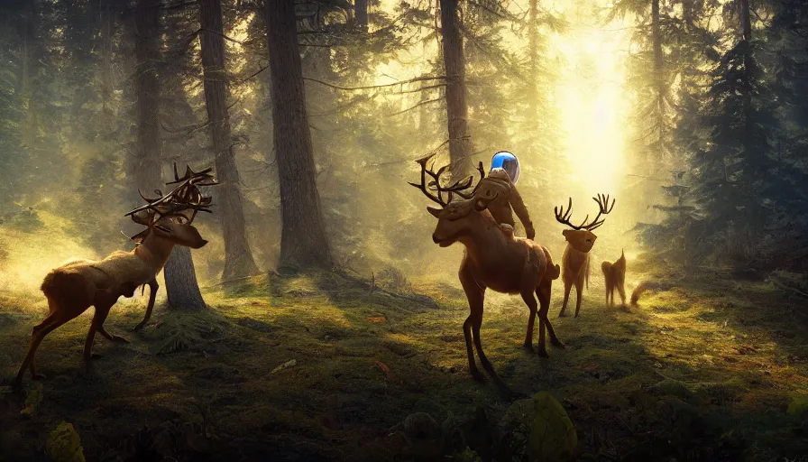 Prompt: american astronaut in the forest riding a reindeer, plants environment, wide angle, cinematic lighting, atmospheric, ultrarealistic, trending on artstation, cgsociety, highly detailed, color graded, in the style of craig mullins, rendered in Unreal Engine 4k HQ