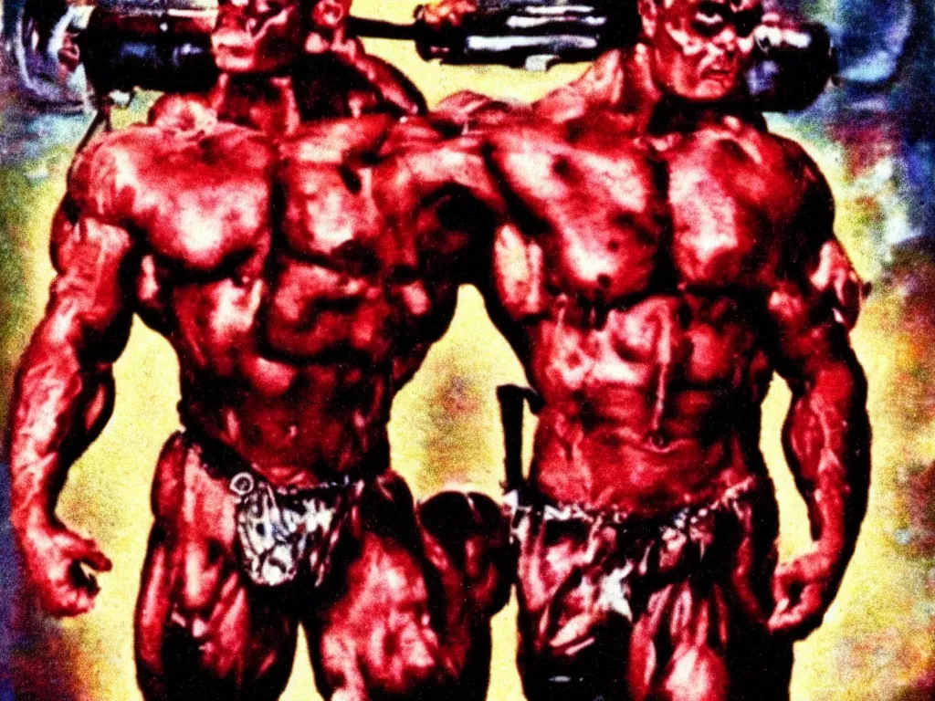 Prompt: vintage 90s VHS video still of a muscular soldier promoting horror, retro TV, noise, hue