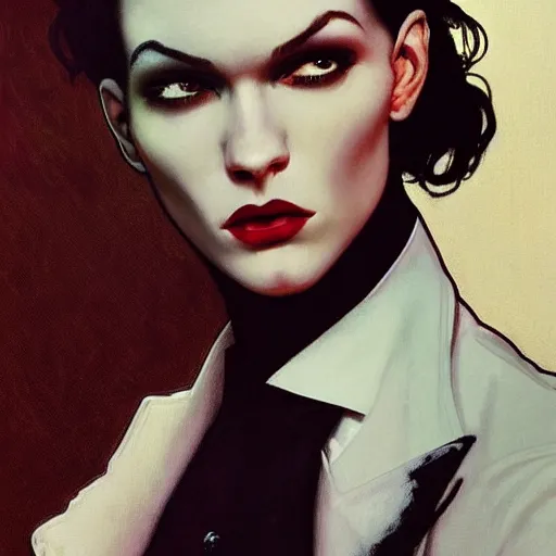 Prompt: fetching portrait of androgynous ruby rose as desire from sandman in a white tuxedo!!!, rockabilly style,, by alphonse mucha, by jeremy mann, by peter lindbergh, dave mckean, by frank moth, white suit and black tie, soft lightning, high detailed, 8 k