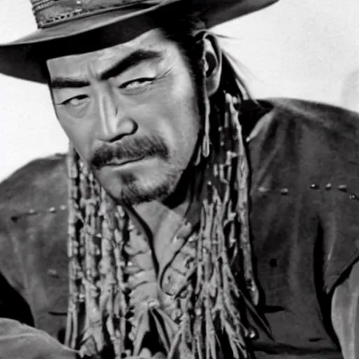 Prompt: still of toshiro mifune in a cowboy outfit, wild west
