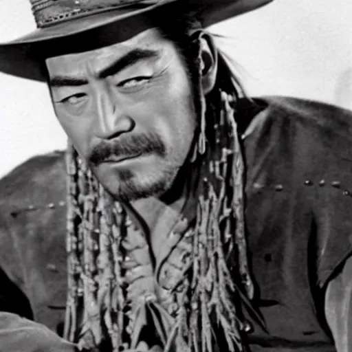 Image similar to still of toshiro mifune in a cowboy outfit, wild west