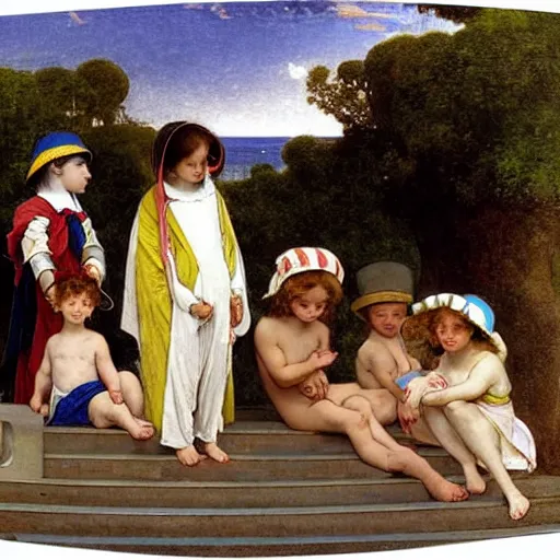 Image similar to Children with jester hats and clothes forming a circle on the front of a Balustrade with a beach and a sail boat on the background, major arcana cards, by paul delaroche, alphonse mucha and arnold böcklin arnold böcklin hyperrealistic 8k, very detailed