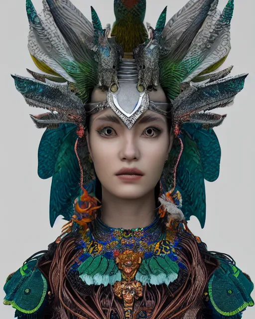 Image similar to 3 d warrior goddess close - up profile portrait. beautiful intricate highly detailed chuu! magpie helm and richly embroidered blouse, quetzalcoatl, stingray, bioluminescent, plasma, lava, ice, feather, wind, stormy, artwork by tooth wu and wlop and annie leibovitz, octane 3 d render