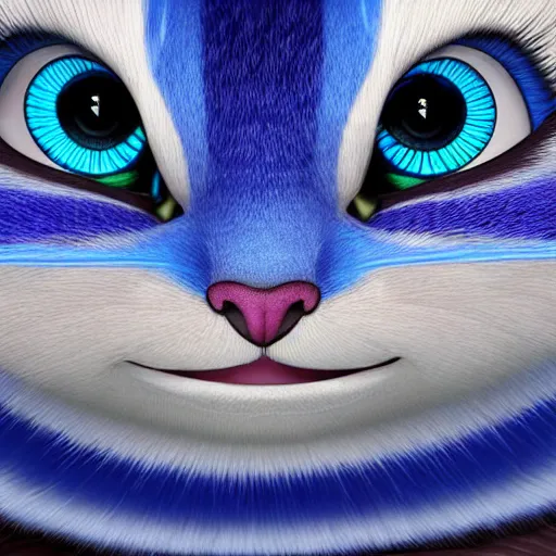 Image similar to cute blue striped cheshire cat. an adorable cat with light blue stripes, blue eyes and a big mischievous smile. stunning digital art by tom cross. fluffy, soft