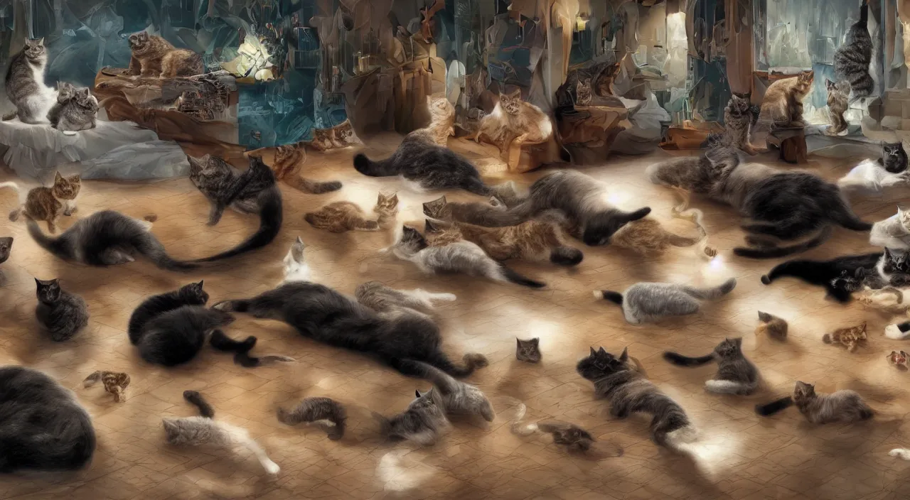 Image similar to a matte painting of a cat lady laying on a floor surrounded by 20 cats by Frank Lloyd Wright and Zaha Hadid torch volume light stylized illustration digital airbrush painting, 3d rim light, hyperrealistic masterpiece, artstation, cgsociety, kodakchrome, golden ratio