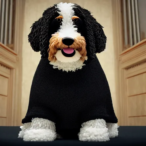 Image similar to a closeup photorealistic photograph of a cute smiling knitted bernedoodle judge dog dressed in a black gown, presiding over the courthouse. indoors, professional capture, well lit shot. this 4 k hd image is trending on artstation, featured on behance, well - rendered, extra crisp, features intricate detail, epic composition and the style of unreal engine.