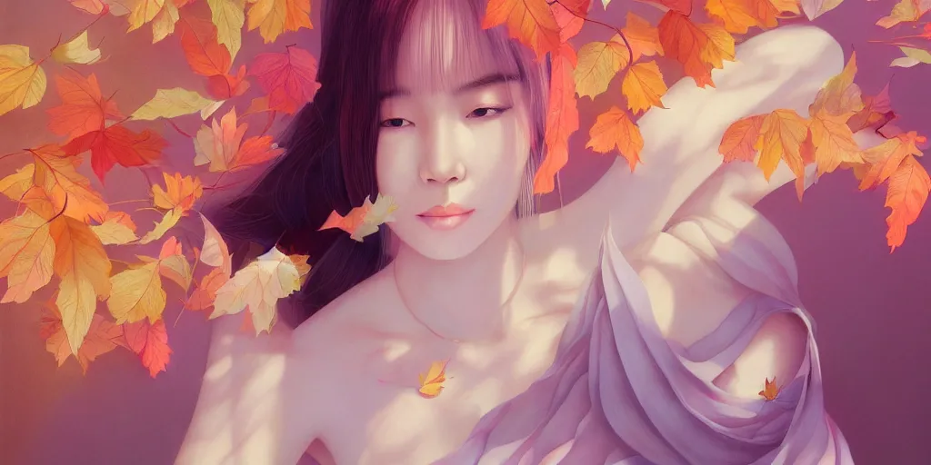 Image similar to highly detailed pastel colors of an ethereal asian beauty morphing gradually into autumn leaves, by artgerm and hsiao - ron cheng, smooth composition, fine patterns and detail