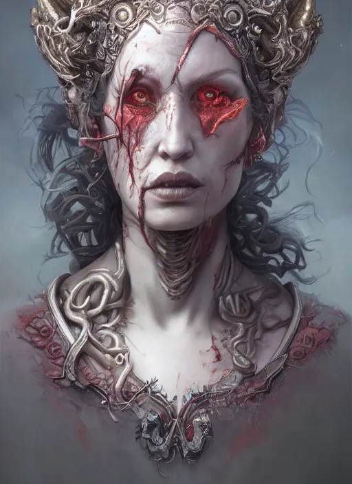 Image similar to a hyper detailed face portrait of the queen of blades, wounded face, diablo 4 lilith, sideshow figurines, cthulu, by tom bagshaw, artgerm, dorian cleavenger, greg rutkowski, wlop, astri lohne, zdzisław beksinski trending on artstation