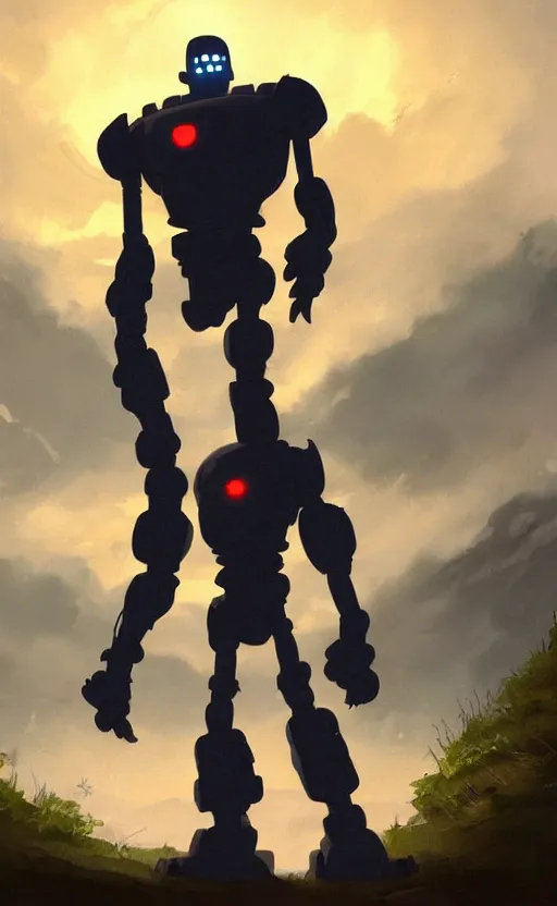 Image similar to iron giant standing near his farm, dynamic lighting, photorealistic fantasy concept art, trending on art station, stunning visuals, creative, cinematic, ultra detailed