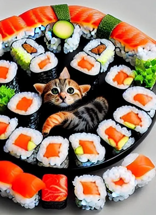 Image similar to clear photorealistic picture of adorable cats made out of sushi