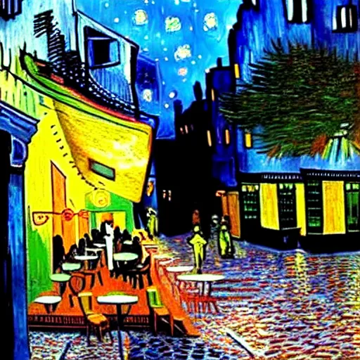 Image similar to Cyberpunk Cafe Terrace at night by Vincent Van Gogh