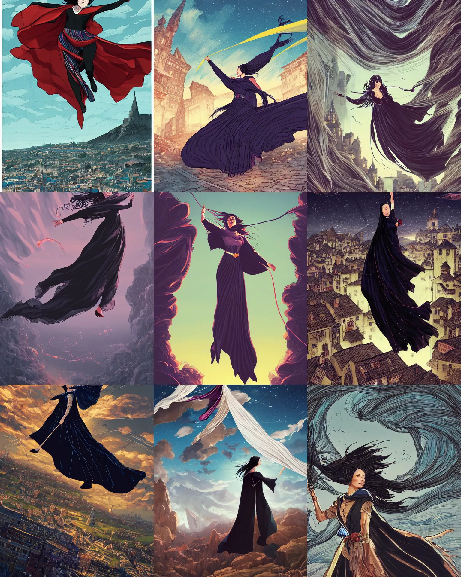 Prompt: illustration of a woman flying through the air waving the cape made of long strips of fabric in the wind, black hair wearing black clothes and cape, medieval town landscape, trending on artstation, by dan mumford, yusuke murata, makoto shinkai, ross tran, josan gonzalez, cel shaded, flat colors