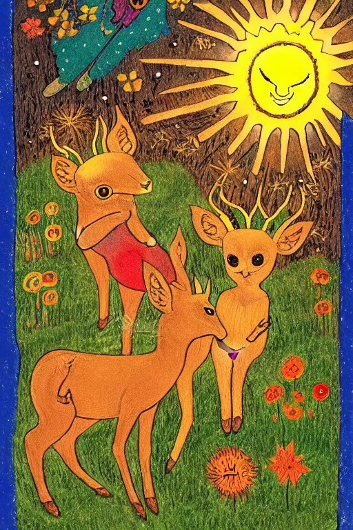 Image similar to tiny golden deer glowing eyes and sun ray mane holding lit matches and singing, children's book illustration, traditional folk art style, gouache on paper, outsider art, David Palladini, Mu Pan, Carson Ellis, Julia Sarda, tarot card, Henry Darger, Louis Wain