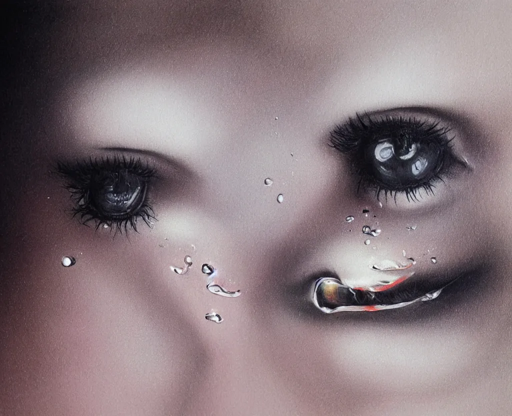 Prompt: realistic and detailed soft airbrush of a glossy tear dripping on a white background, inspired by 8 0 s airbrush illustrations, art by pater sato