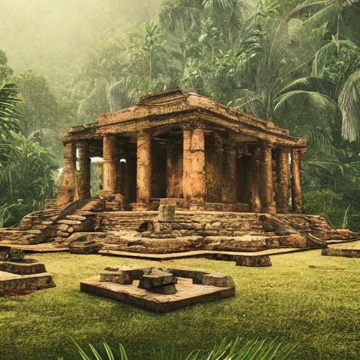 Image similar to The Lost Temple: An ancient temple that has been lost in the jungle for centuries. It's said to be guarded by a vicious tribe of savages. octane render, 8k