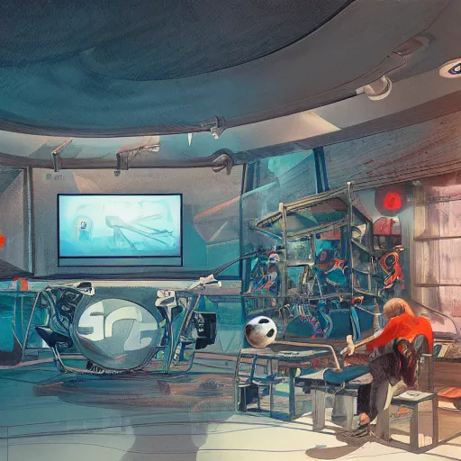 Image similar to sports news studio, concept art, wide lens, cinematic composition, iterior, detail by james jean