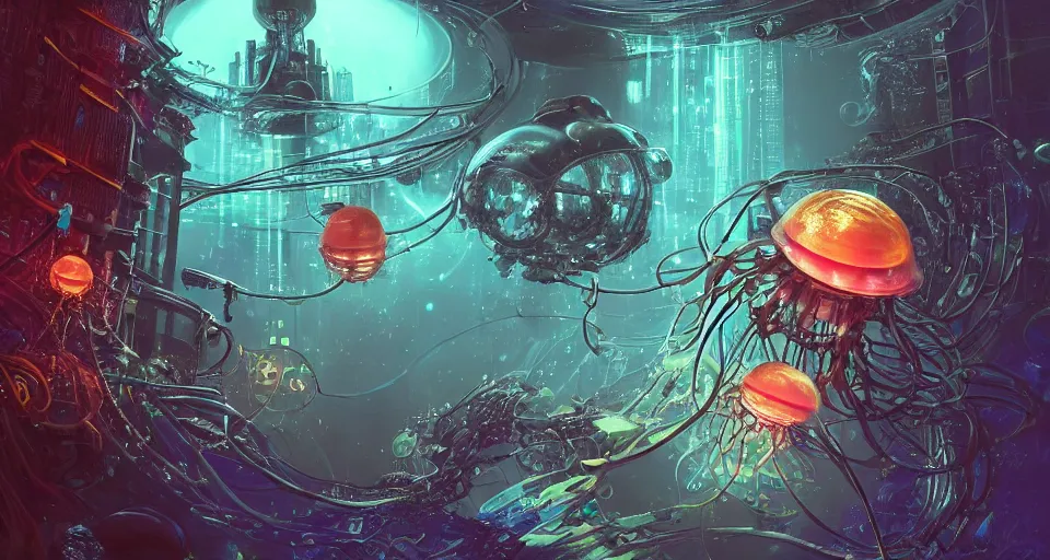 Prompt: bioluminescent cyberpunk jellyfish, deep sea diver, extreme light, distant cyberpunk atlantis, organic, bio domes, coral, deep ocean, robotic, mariana trench midnight zone, bubbles, hyper realistic, hyper detailed, digital art, trending in artstation, studio quality, photorealistic, photo, by jesper ejsing, wlop, paul lehr