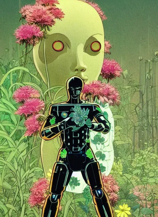 Image similar to a full body shot of cyborg in some plants with flowers for a face by satoshi kon and greg rutkowski, 7 0's vintage sci - fi flat surreal design