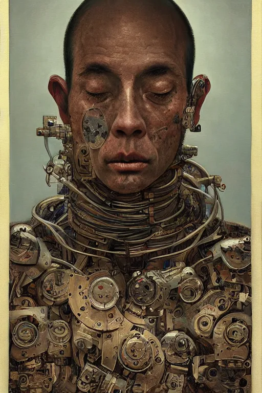 Image similar to robot monk painting a self - portrait on a canvas. intricate, highly detailed, photorealistic, film still, by vdragan bibin.