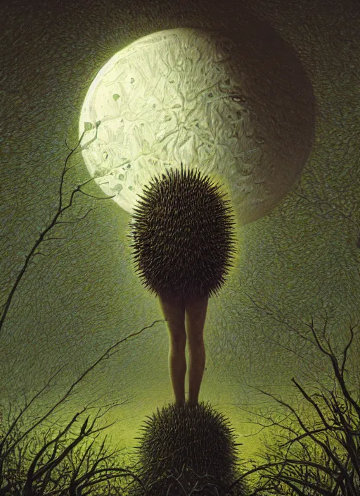 Image similar to blockchain headquater mother ginoid by zdzislaw beksinski and hajime sorayama lush plants and spiky bones everywhere, the moon is big as a the city, high fashion, magic details, by james jean, hd, 8 k, trending on artstation, uhd