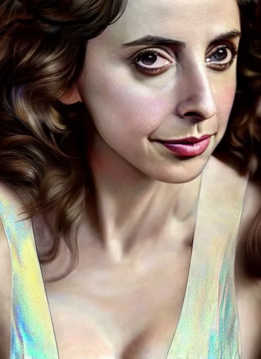 Image similar to Greek goddess Alison Brie in her best gala clothes staring in amusement at you. soft detailed painting at 16K resolution and amazingly epic visuals. epically beautiful image. amazing effect, image looks gorgeously crisp as far as it's visual fidelity goes, absolutely outstanding. vivid clarity. ultra detail. iridescent. mind-breaking. mega-beautiful pencil shadowing. beautiful face. Ultra High Definition. soft shading. soft texture. intensely beautiful.