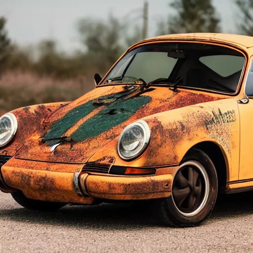 Image similar to nuclear themed ratrod car in the frame of a porsche 9 1 1. rusted, mechanical ad photoshoot. 8 k ratrod