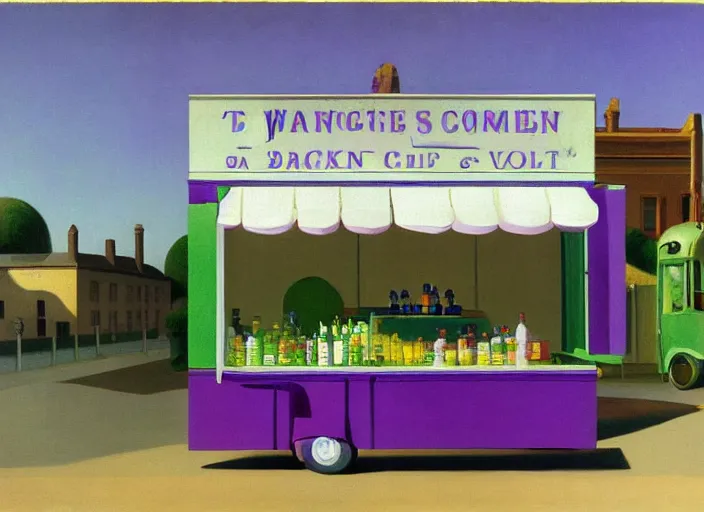 Prompt: a purple and green ice cream van that sells snake oil instead of ice cream, snake oil salesman selling little brown bottles of medicine, snake van, painting by René Magritte, Edward Hopper, 3D rendered