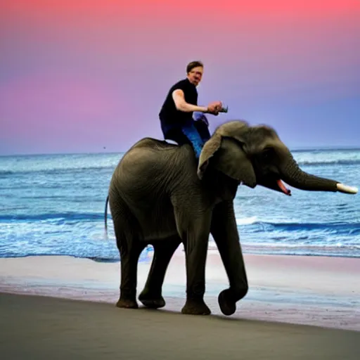 Image similar to leonardo dicaprio riding an elephant on beach at sunset romantic lighting