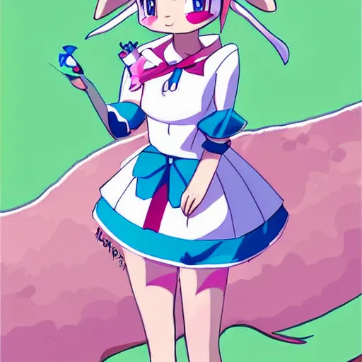 Image similar to sylveon in dress costume, pokemon, pink, cute, digital art