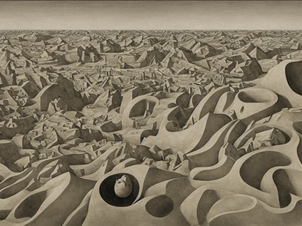 Prompt: Entire city sculpted in marble by Brancusi, Henri Moore, in the middle of the sand dunes alien planet. In the foreground the devil takes the soul from the chest of a dead man. Painting by Morandi, Escher, Lucas Cranach, Roger Dean