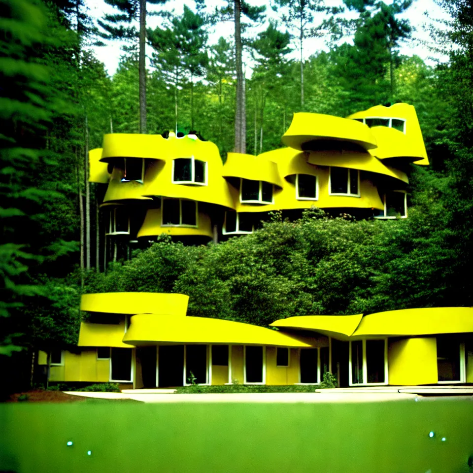 Image similar to a mid-century modern house with big tiles, from afar, in a forest, designed by Frank Gehry. Film grain, cinematic, yellow hue