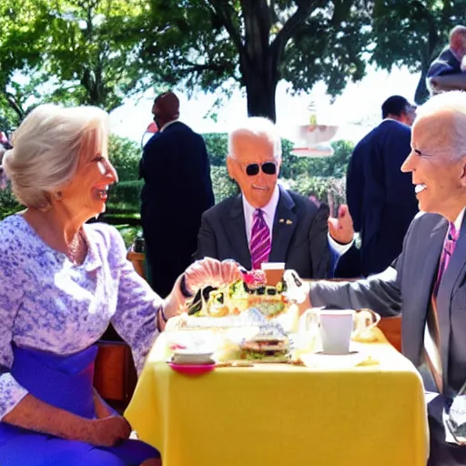 Image similar to hasbulla and joe biden at a tea party outside, well lit, realistic, photogenic, global illumination, in focus