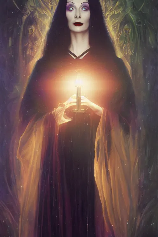 Image similar to morticia addams as doctor who, radiant light, caustics, heroic, bright iridescent light, by gaston bussiere, bayard wu, greg rutkowski, maxim verehin bloom dramatic lighting