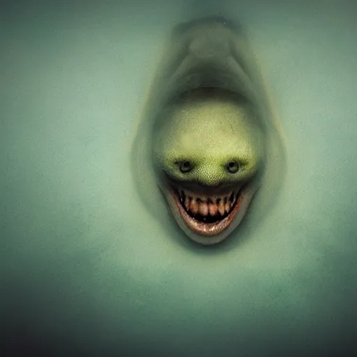 Image similar to sea monster about to eat pov underwater, neutral expression, have submerged, pale skin, dark yellowish water, foggy water, dark, dramatic,'silent hill ', big eyes, alluring and terrifying, cinematic