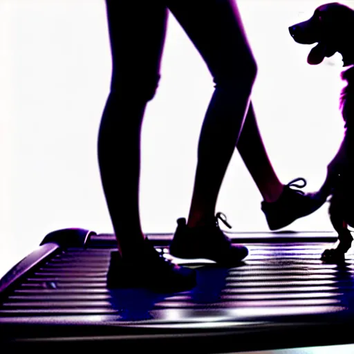 Image similar to A woman walking on a treadmill with her dog walking on a smaller treadmill next to her