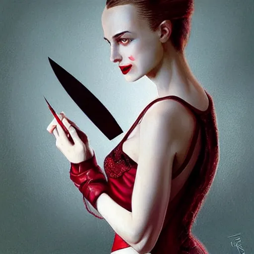 Image similar to “ daria strokous as femme fatale vampire, smiling, with blood red lips, holding knife on her victim ’ s throat intricate, elegant, highly detailed, digital painting, artstation, concept art, smooth, sharp focus uhd 8 k, art by artgerm and greg rutkowski and alphonse mucha ”