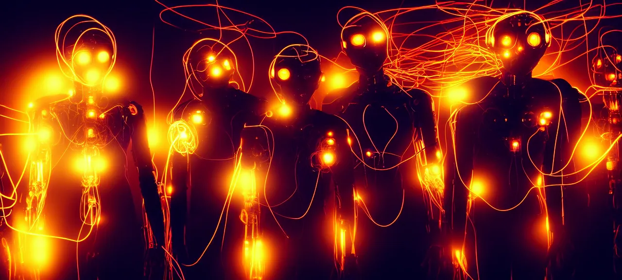 Image similar to beauty, three eyed humanoid cybersuits, dramatic lighting, night, overlayed, stacked, vivid colors, smoke, glowing wires, superimposed, beautiful lighting