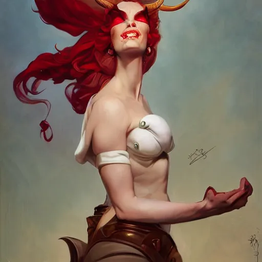 Prompt: a girl with red hair, red eyes, demon horns and a tail with a devious grin. By JC Leyendecker Peter Mohrbacher