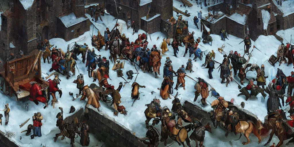 Image similar to RTS gameplay third person in style of Brueghel paintings, painting, Stronghold strategy gameplay, high detailed,dark fantasy, dark tones, medieval, snow, buildings, castle, armored units, cavalry,RPG, high detailed, contrast, octane render,mill, farm, creative