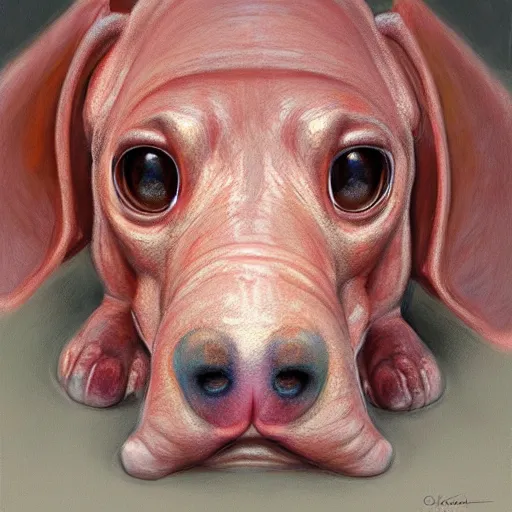 Prompt: blobfish as a dachshund | highly detailed | very intricate | elaborate outfit | symmetrical | cinematic lighting | award - winning | closeup portrait | painted by donato giancola and mandy jurgens and charlie bowater | featured on artstation