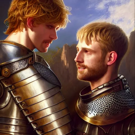 Image similar to attractive arthur pendragon and his favourite attractive male knight, they are in love, camelot, natural lighting, path traced, highly detailed, high quality, digital painting, by gaston bussiere and ross tran and j. c. leyendecker