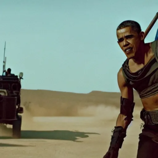 Prompt: barack obama in mad max fury road, cinestill colour, anamorphic