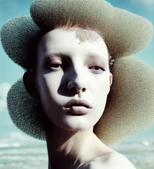 Prompt: photography face portrait of one stunning woman in white beach ocean, dress by iris van herpen, creative colorfull - makeup, curly hair style halflong, photography by paolo roversi nick knight, helmut newton, avedon, and araki, sky forest background, natural pose, highly detailed, skin grain detail