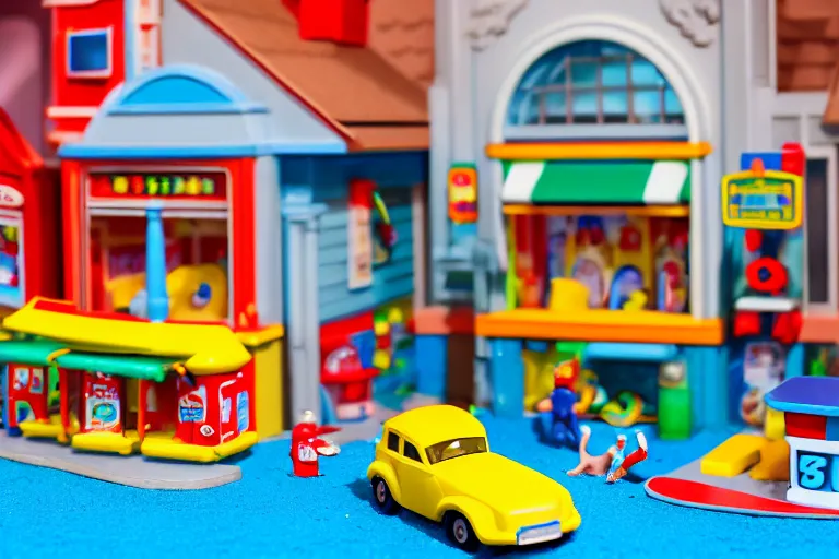 Image similar to fisher price bathhouse, california scene from tv show hyper detailed 5 5 mm 8 5 mm, toy photography, made out of plastic