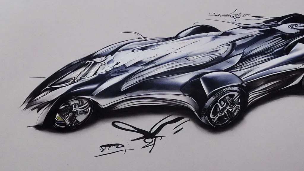 Prompt: modern, automotive design rendering, airbrush, markers, concept car, futuristic, aggressive styling, on ancient paper