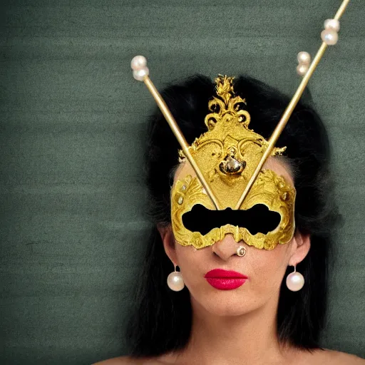 Prompt: a woman wearing a gold mask with pearls, a colorized photo by tahir salahov, pixabay contest winner, rococo, movie still, anaglyph filter, fantasy